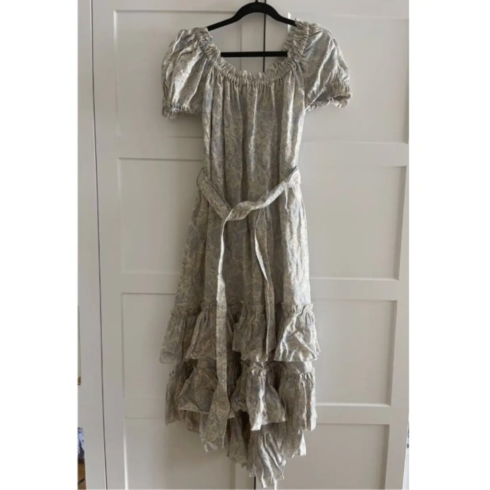Zimmermann Linen Long Ruffled Dress with Tie, Size 1